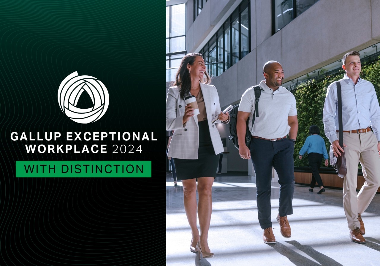 Gallup Exceptional Workplace graphic with two male employees and one female employee walking through an office building lobby.