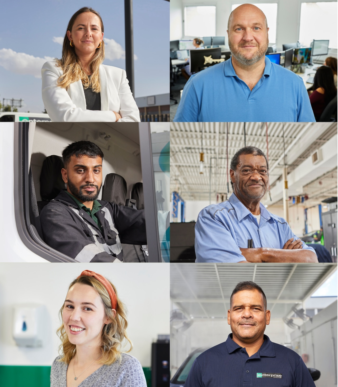 Nine different Enterprise employees, representing a wide range of diversity (gender, race, ethnicity, geographic, etc.), are arranged in a carousel image.